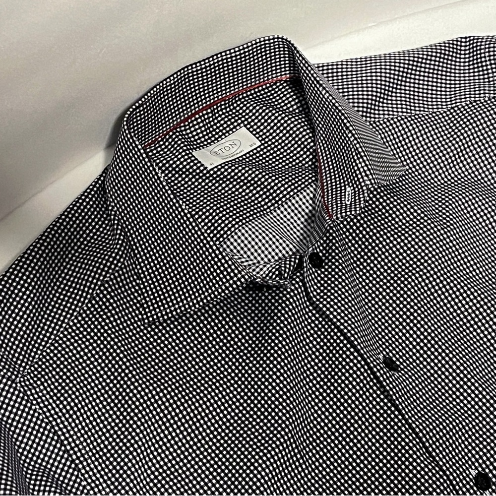 Eton Contemporary Fit White Black Gingham Dress Shirt 42/16.5
